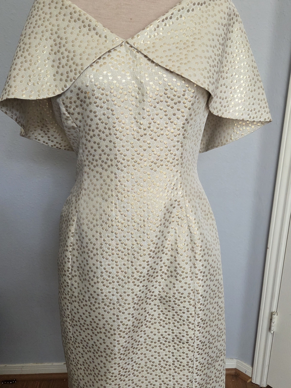 Ivory Midi Dress with Gold Dot Cape Detail